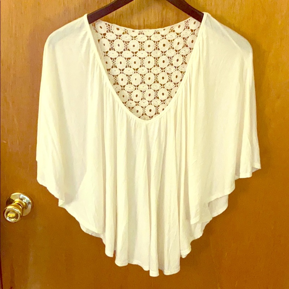 Flowy Poncho-Style Crocheted-Back Blouse